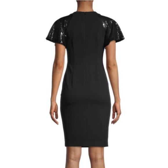 Calvin Klein Black Sequin Flutter Sleeve Midi Sheath Dress 14 NWT - Picture 3 of 9